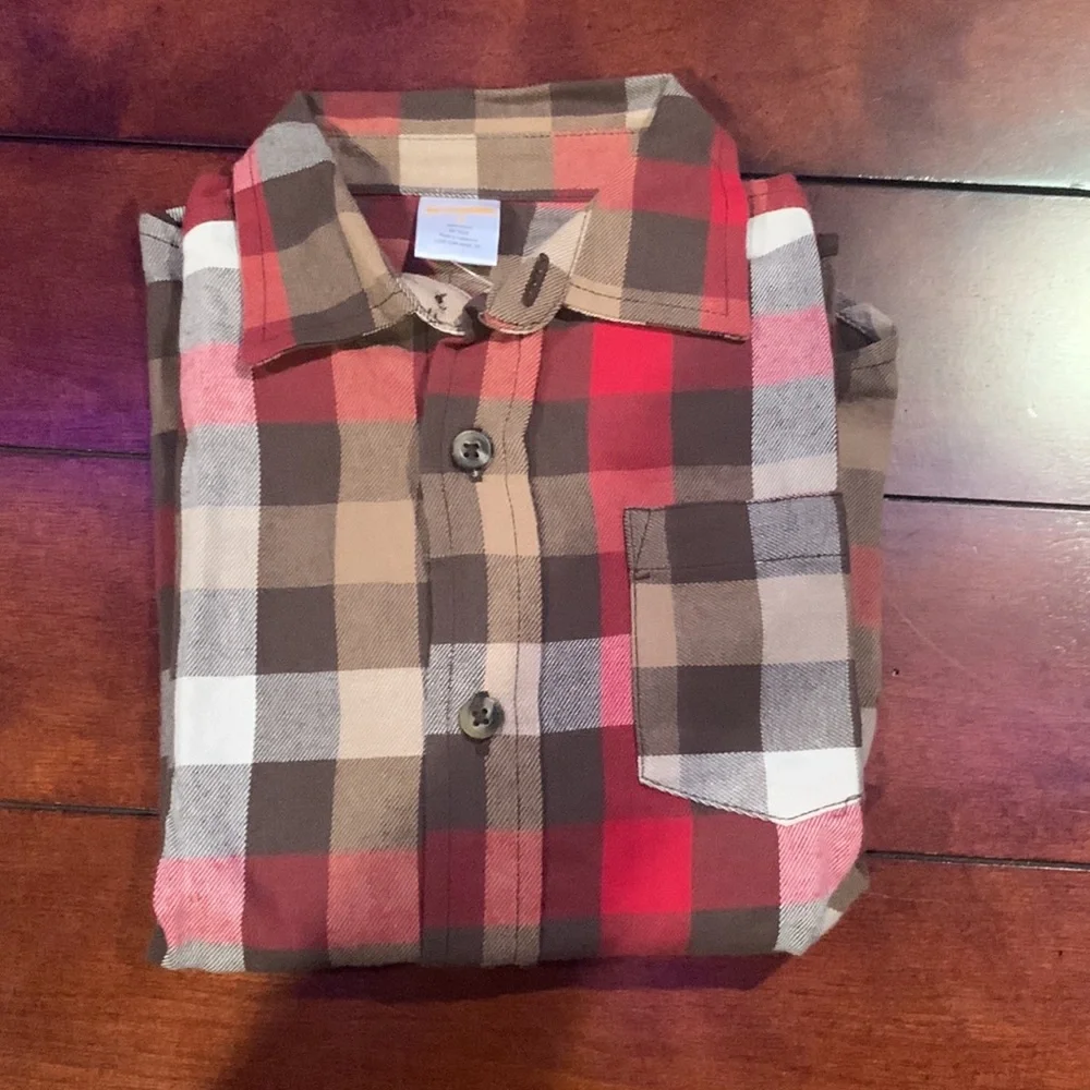 NWT Gymboree Brown Red Plaid Button Down 100% Cotton Shirt Size 5